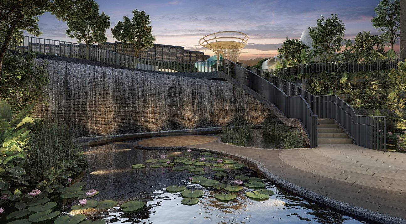 Tengah Garden Residences water feature wall centella pond waterscape